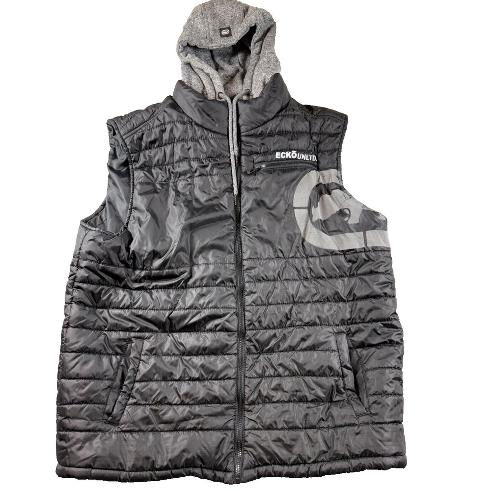 Men's Ecko Unltd Black Gray Hood Sleeveless Puffer Vest Size XL